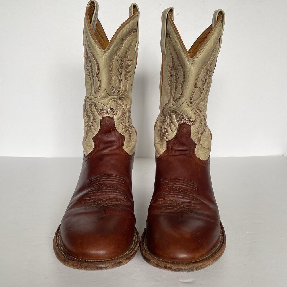 Vintage Tony Lama Roper Cowboy Boots Men’s 8.5 D Brown & Cream Leather USA Made - Picture 15 of 16